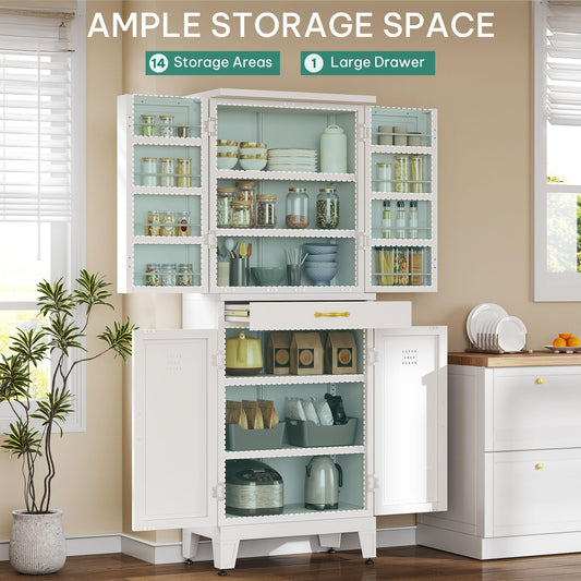 YITAHOME 71" Metal Kitchen Pantry Cabinet with 4 Door & 4 Adjustable Shelves, Storage Cabinet with 1 Drawer & 8 Door Racks, Tall Freestanding Food Steel Cupboard for Kitchen, Dining Room, White