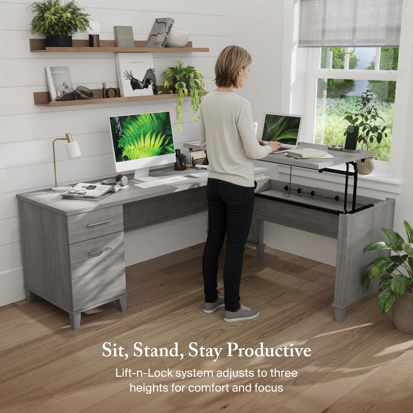 Bush Furniture Somerset 72W 3 Position Sit to Stand L Shaped Desk in Ash Gray