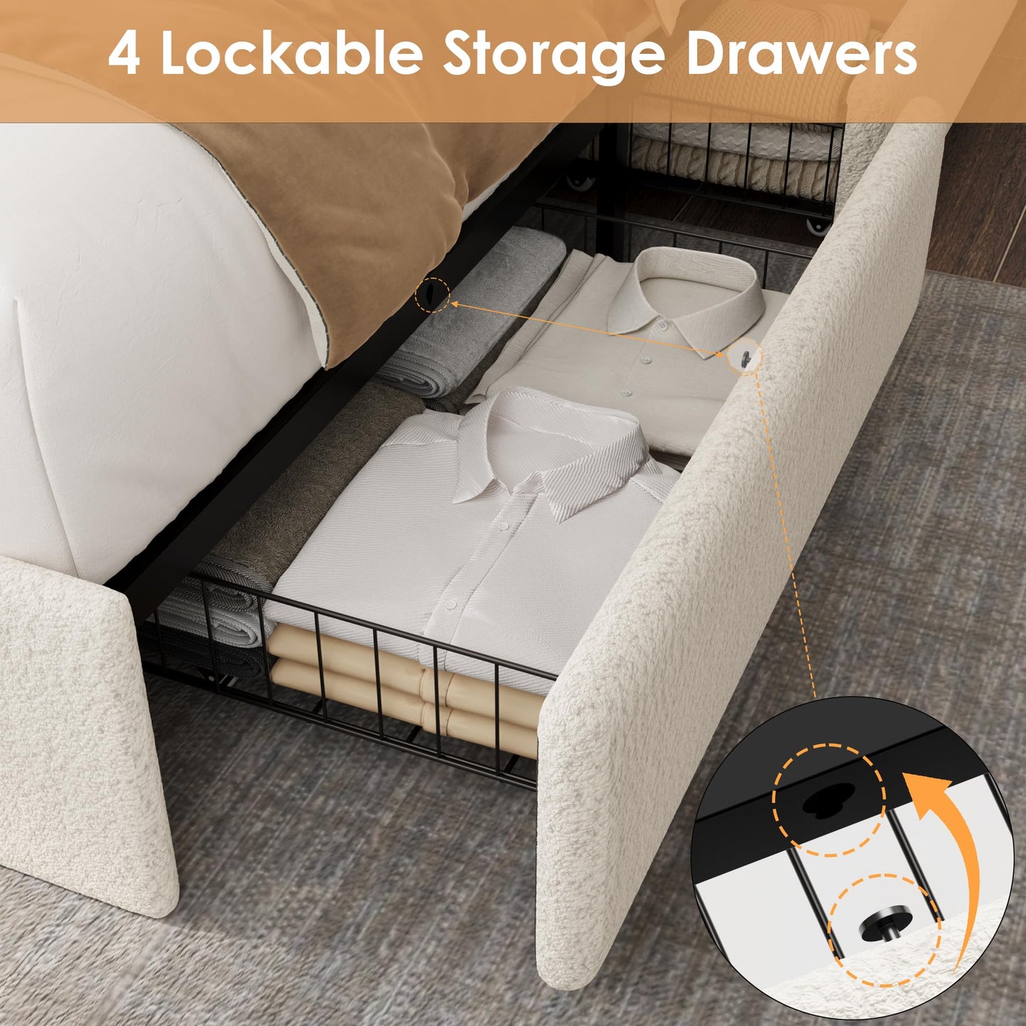 Full LED Bed Frame with 4 Storage Drawers and Storage Headboard, Soft Boucle Upholstered Platform Bed Frame with Charging Station and USB Ports, Solid Wood Slats Support, No Box Spring Needed, Cream