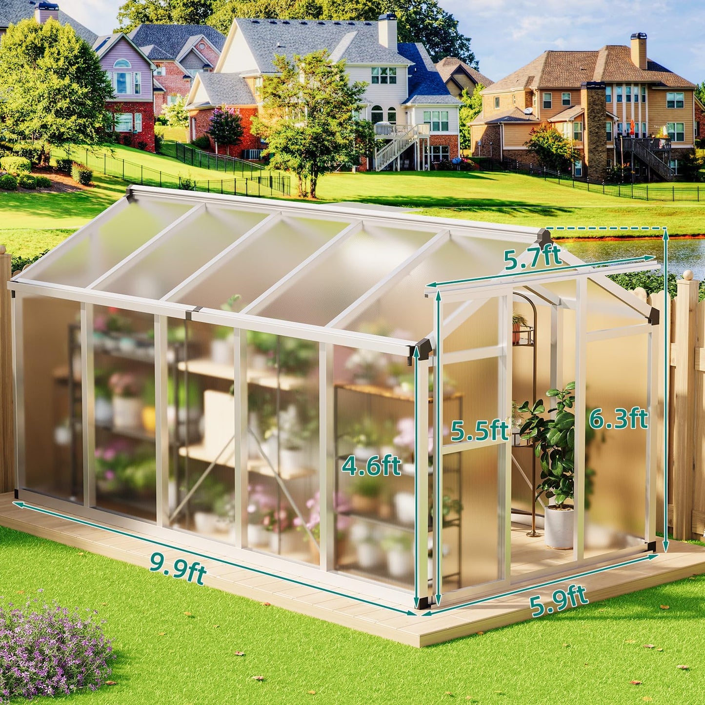 6x10 FT Greenhouse for Outdoors, Large Aluminum Greenhouses with Adjustable Roof Vent, Heavy Duty Greenhouse with Ground Nails, Walk-in Green Houses for Outside Garden, Backyard, Patio
