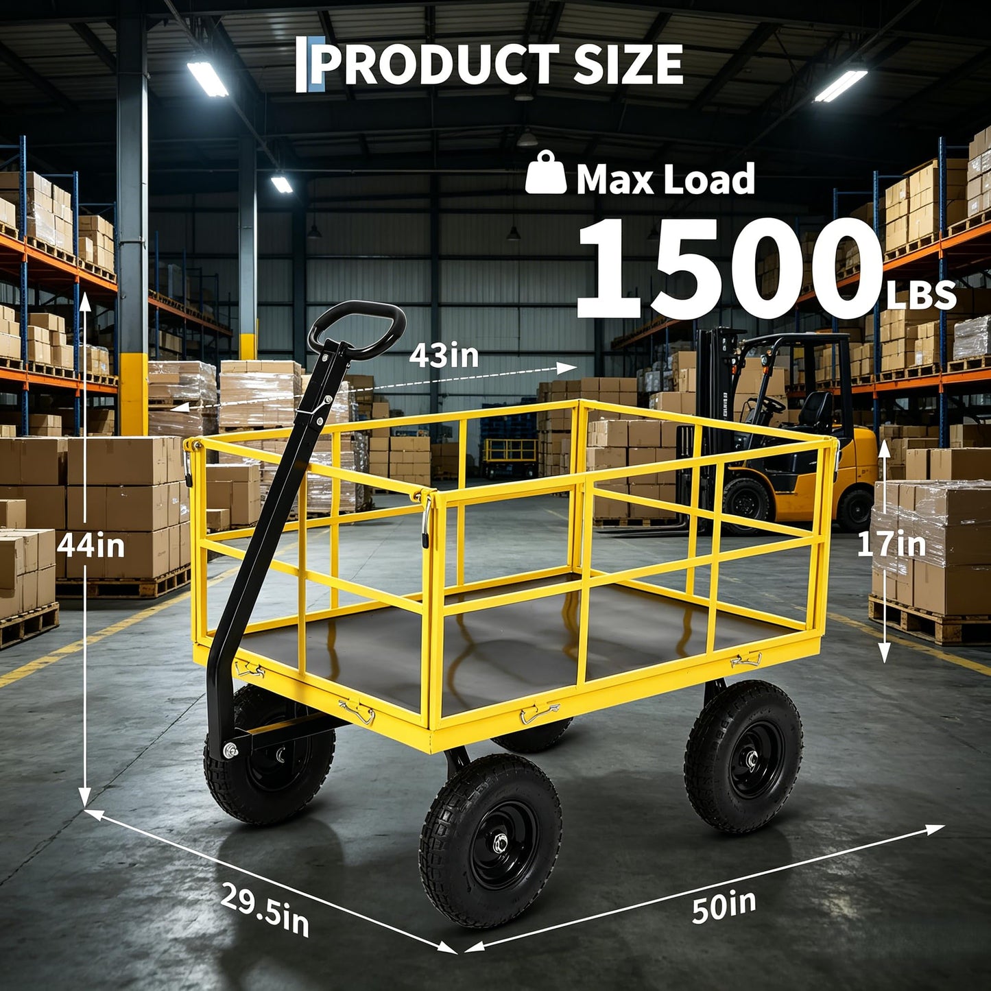 1500 lbs Steel Garden Cart, Folding Utility Wagon with Removable Sides, Garden Wagon Cart on Wheels, Metal Utility Wagon Yard Trailer with 13 in Tires180° and Swivel Handle, Yellow