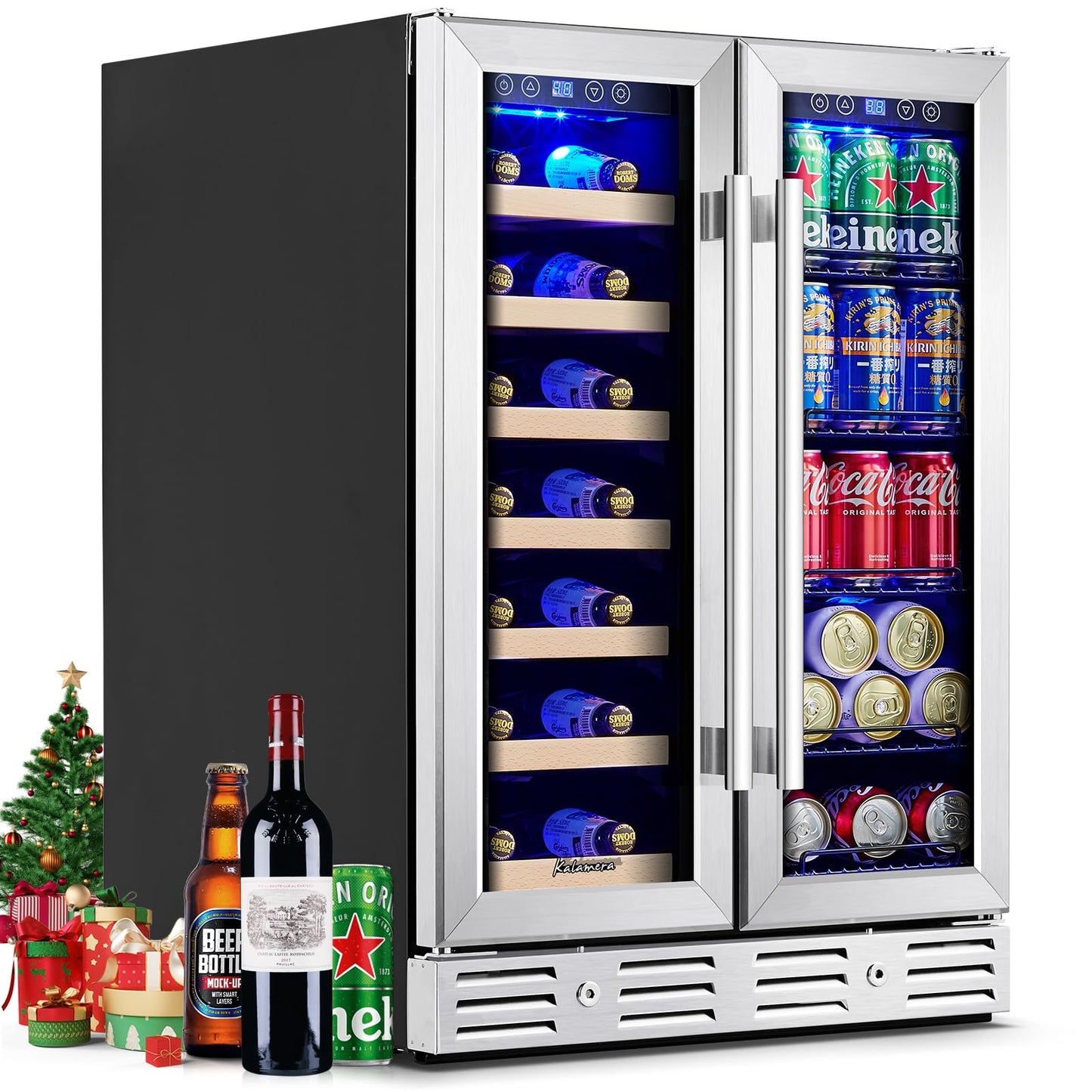Kalamera 24 inch Wine Fridge Hold 21 Bottles and 75 Cans,Dual Zone Wine and Beverage Refrigerator,Built-In or Freestanding with Blue LED Light,for Home/Bar/Office