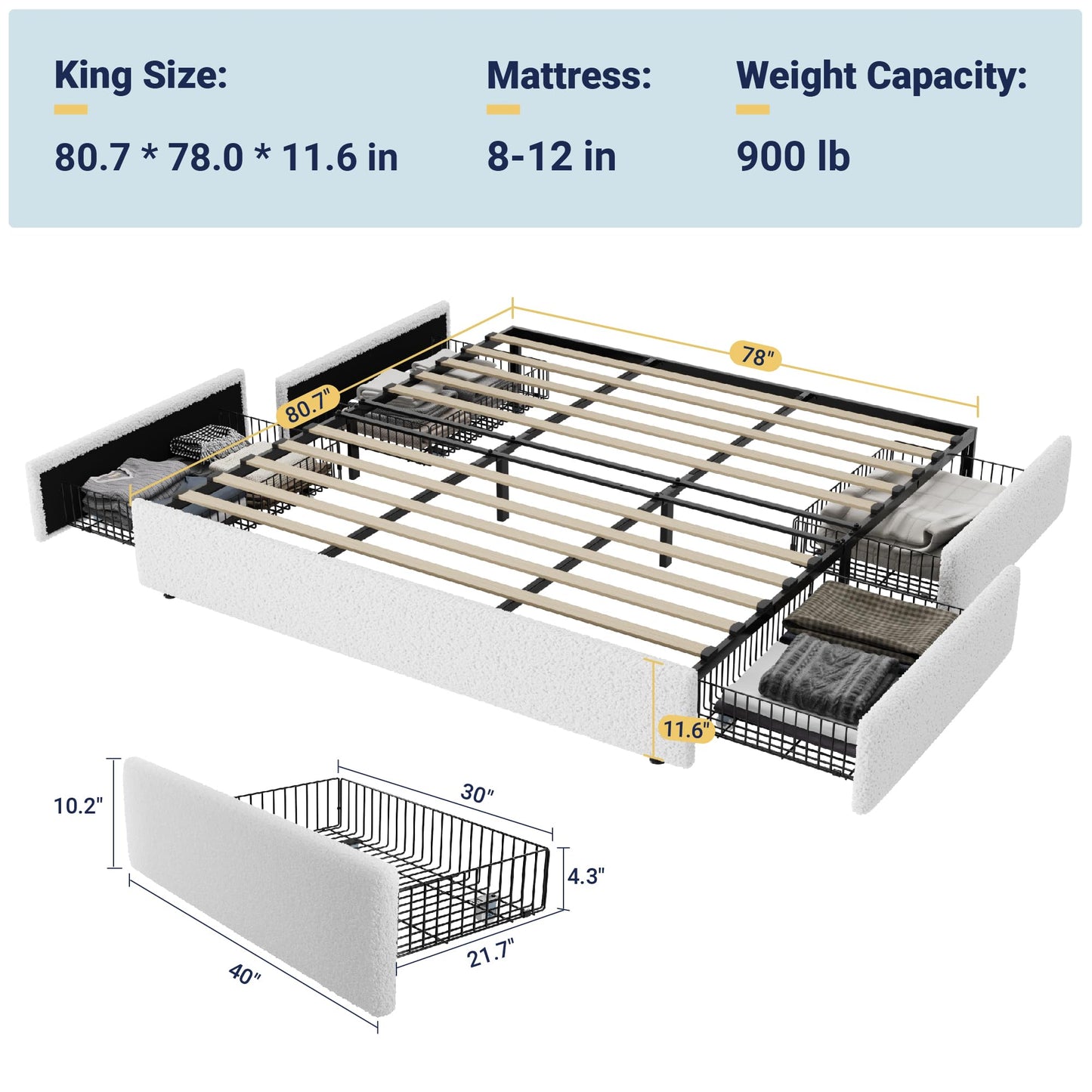 Allewie King Size Bed Frame with 4 Oversized Storage Drawers, Soft Teddy Fabric, Boucle Upholstered Platform Bed, Wooden Slats Support, Noise-Free, No Box Spring Needed, Easy Assembly, White