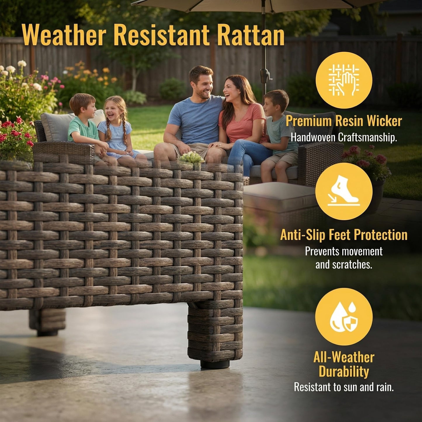 Wisteria Lane 7 Piece Patio Furniture Set, Wicker Patio Sectional with Wide Armrest, All Weather Outdoor Dining Set, Outdoor Furniture Patio Conversation Set with Ottoman, Beige