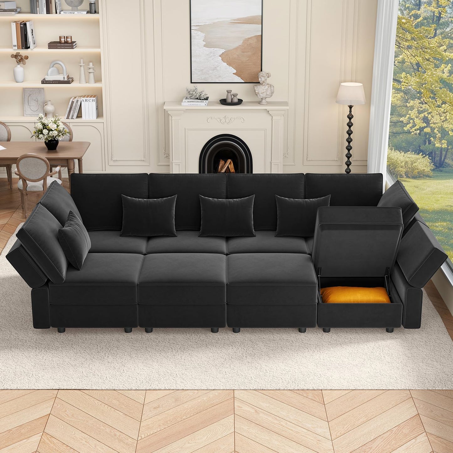 Vesgantti Sectional Sleeper Sofas with Storage, 118" Sofa Bed with 8 Seats Storage Chaises Removable Cover, Deep Seat Modular Couches Velvet Couch Set for Living Room, Apartment, Home Theater, Black
