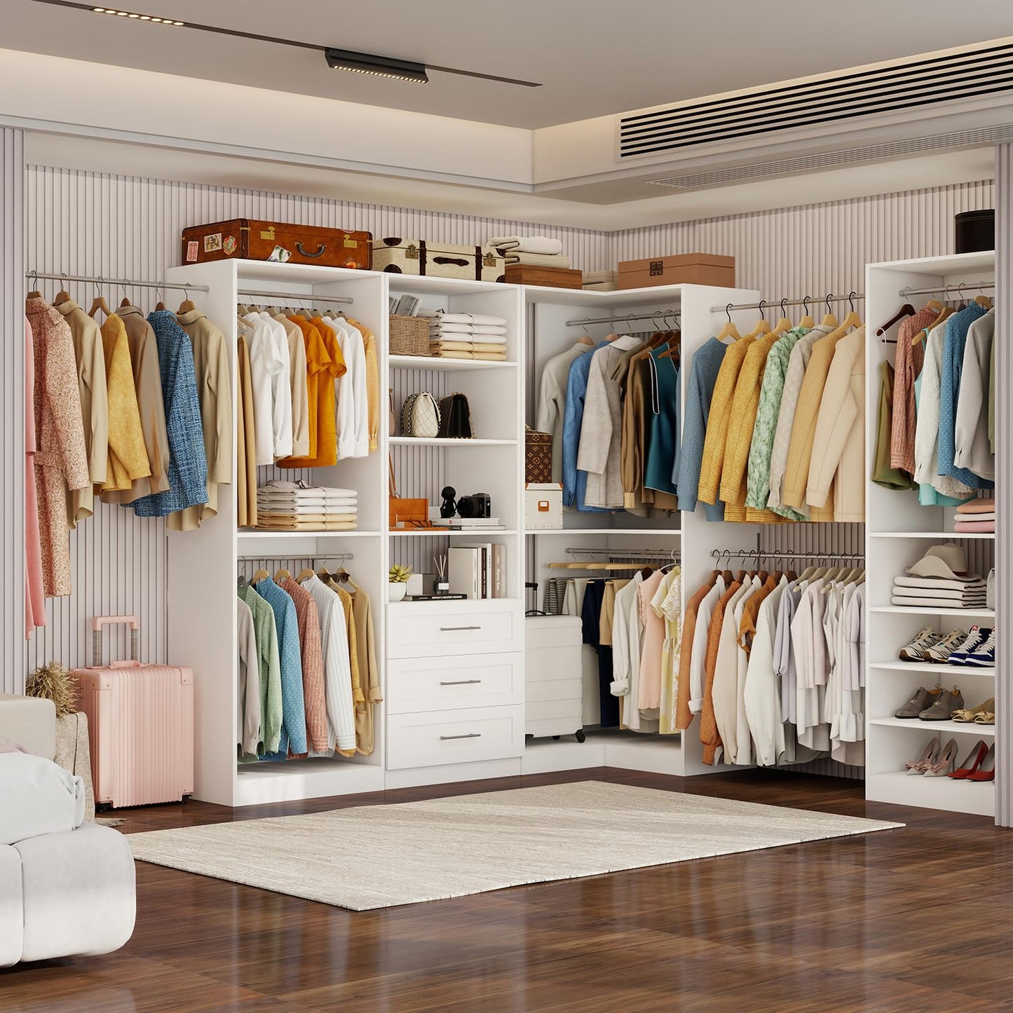 Sokiche Closet Organizer System of 4 Sets with 3 Drawers, 9 Hanging Rods & 8 Shelves, 157" Walk in Closet System, Corner Closet Organizer, Modular Standalone Closet, White