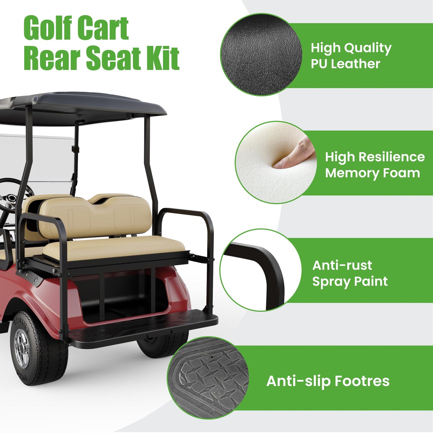 10L0L Golf Cart Rear Flip Seat for Club Car DS, Heavy-Duty Alloy Steel & PE Construction, No-Drill Installation, Non-Slip Pedals & Padded Backrest
