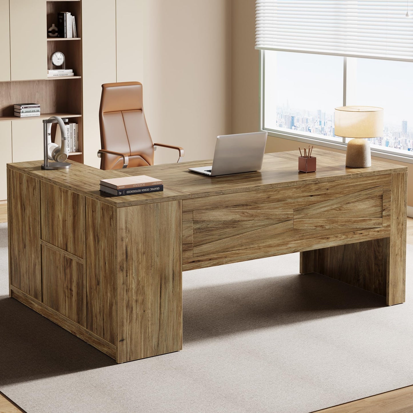 Tribesigns 71 Inch Executive Desk with Storage Cabinet, Large Office Desk L Shaped Computer Desk with Storage Shelves, Business Furniture Desk Workstation for Home Office, Rustic Brown