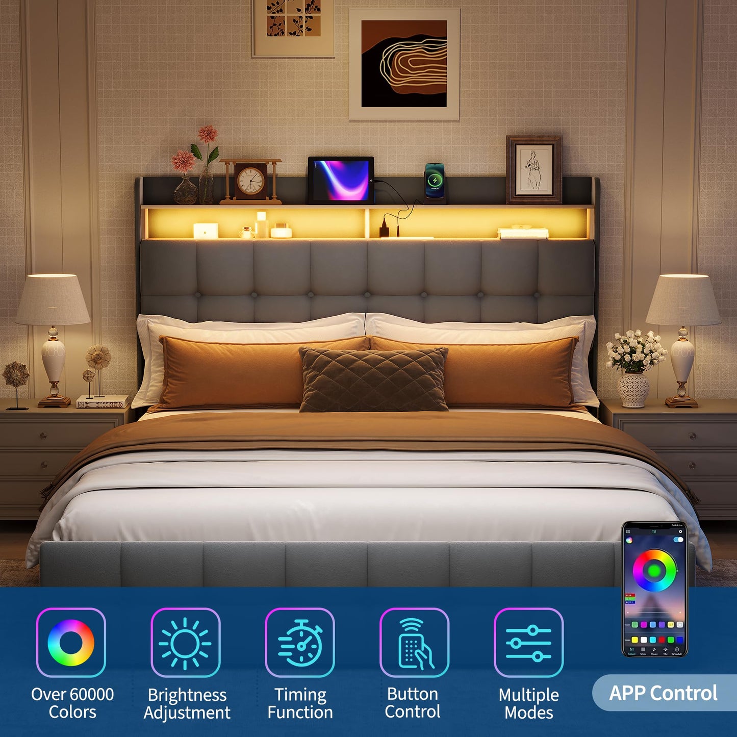 Queen Size Upholstered Bed Frame with LED Headboard, 2 Storage Drawers, Charging Socket and USB Port, Soft Fuzzy Soft, Noise-Free Metal Platform for Bedroom, No Box Spring Needed, Natural Wood Shelf