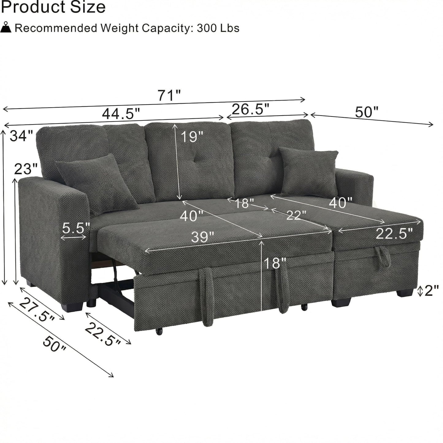 Eafurn 71" L Shaped Sectional Sleeper Sofa Bed with Pull Out Bed, Comfy Fabric Corner Sleeper Sectional Pull Out Couch with Tufted Backrest/Reversible Storage Chaise/2 Pillows