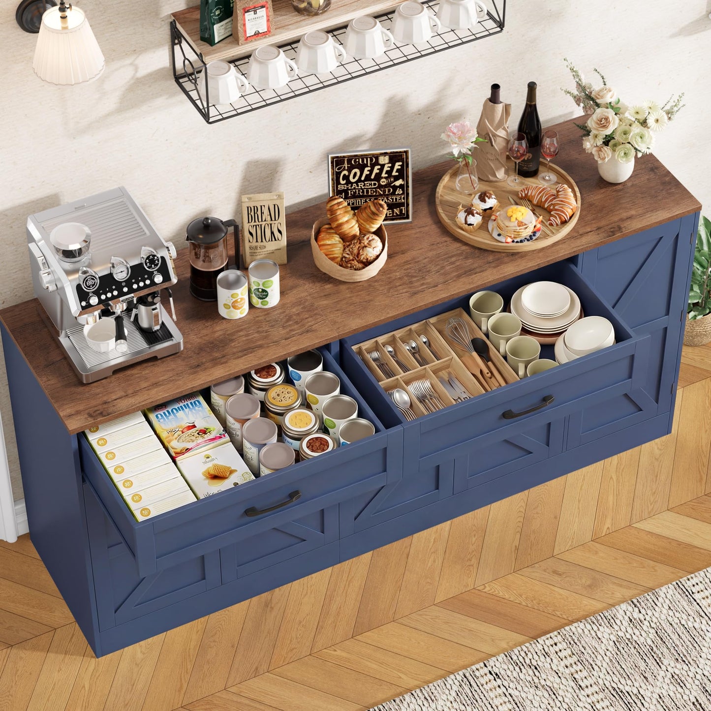 BOTLOG 71” Large Sideboard Buffet Cabinet with Storage, Farmhouse Buffet Cabinet with Adjustable Shelves and 3 Door Shelves, Wood Coffee Bar Console Table for Kitchen, Dining Room, Blue