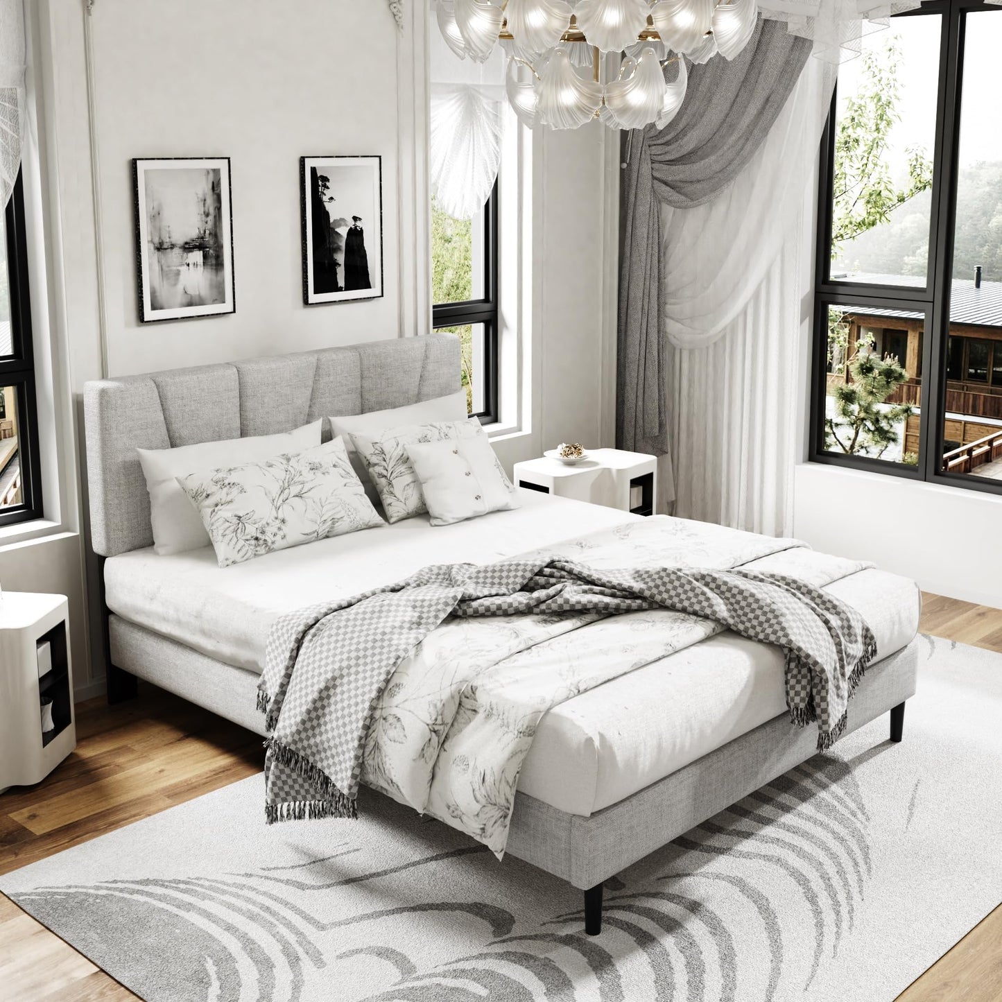 Sismplly Queen Size Platform Bed Frame with Upholstered Headboard, Wooden Slats Support, Noise Free, No Box Spring Needed, Easy Assembly, Light Grey, Linen