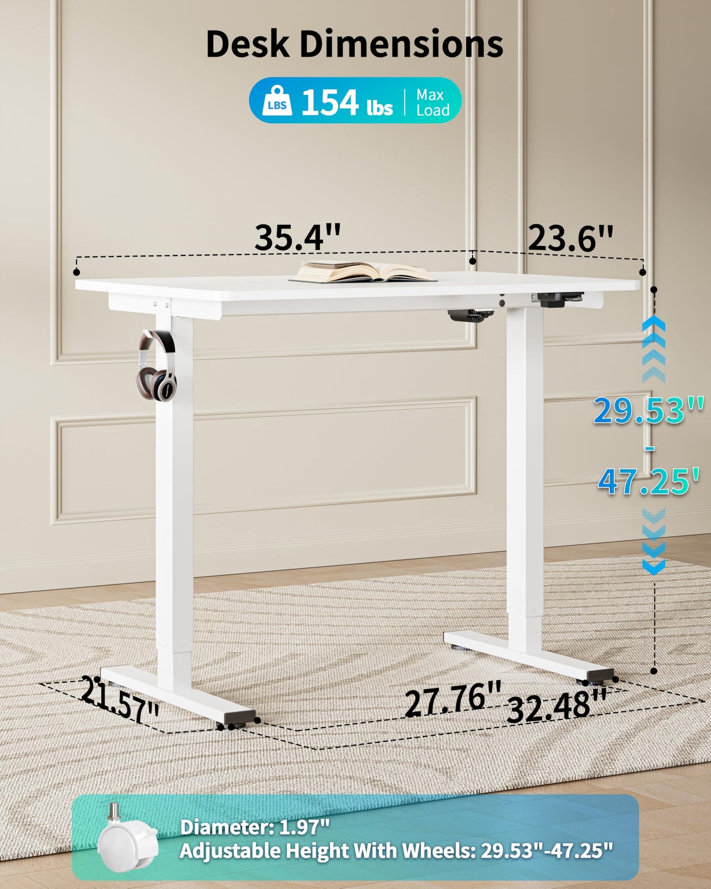 BIZUM 35.4" Small Electric Standing Desk Height Adjustable, Whole Piece Stand Up Computer Desk Work Study Writing Gaming Desks for Home Office White