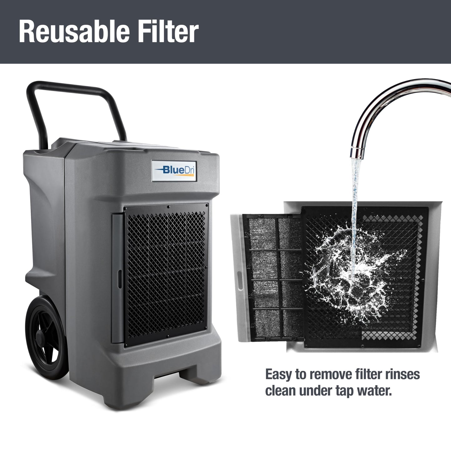 BlueDri BD-130P 225PPD Industrial Water Damage Equipment Commercial Dehumidifier with Hose for Basements in Homes and Job Sites, Gray