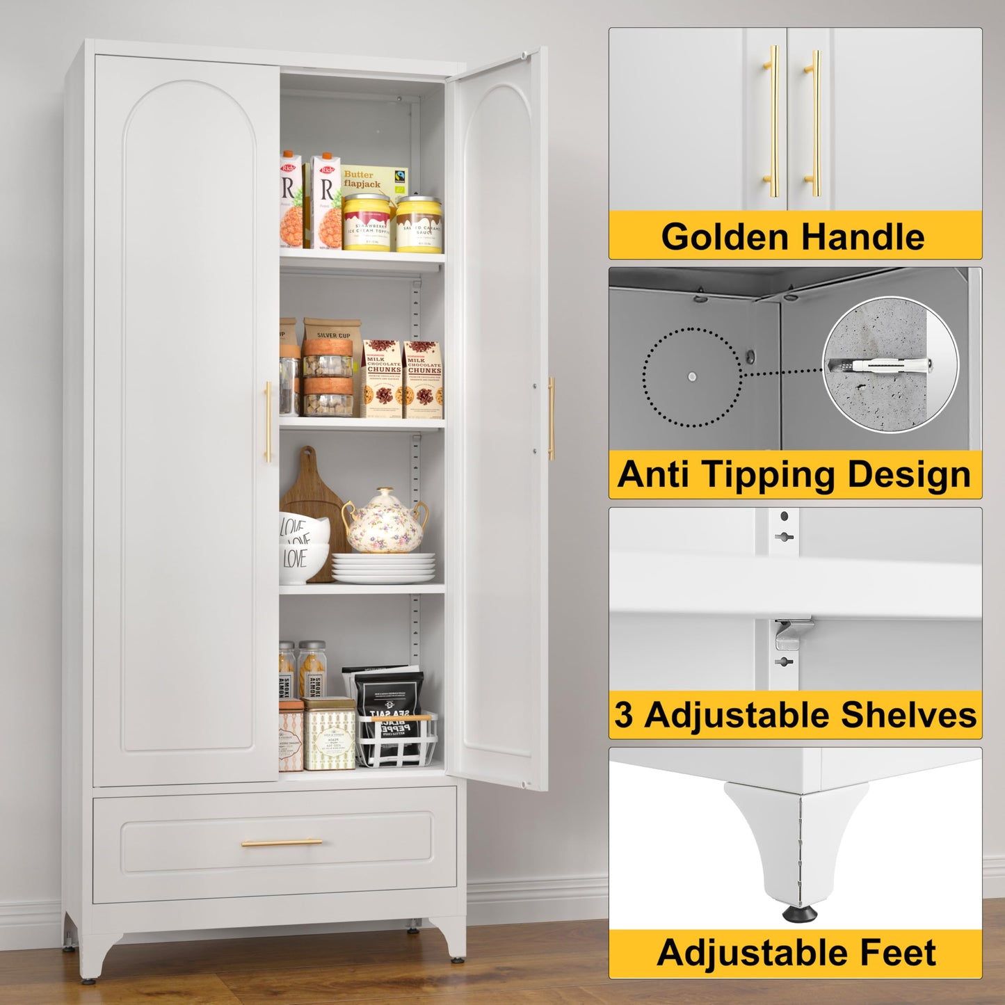 SteeLoong Metal Storage Cabinet with Drawers,75Inch White Pantry Cabinets for Kitchen Storage with 3 Adjustable Shelves,Tall Kitchen Pantry Cabinet for Living Room, Dining Room Office