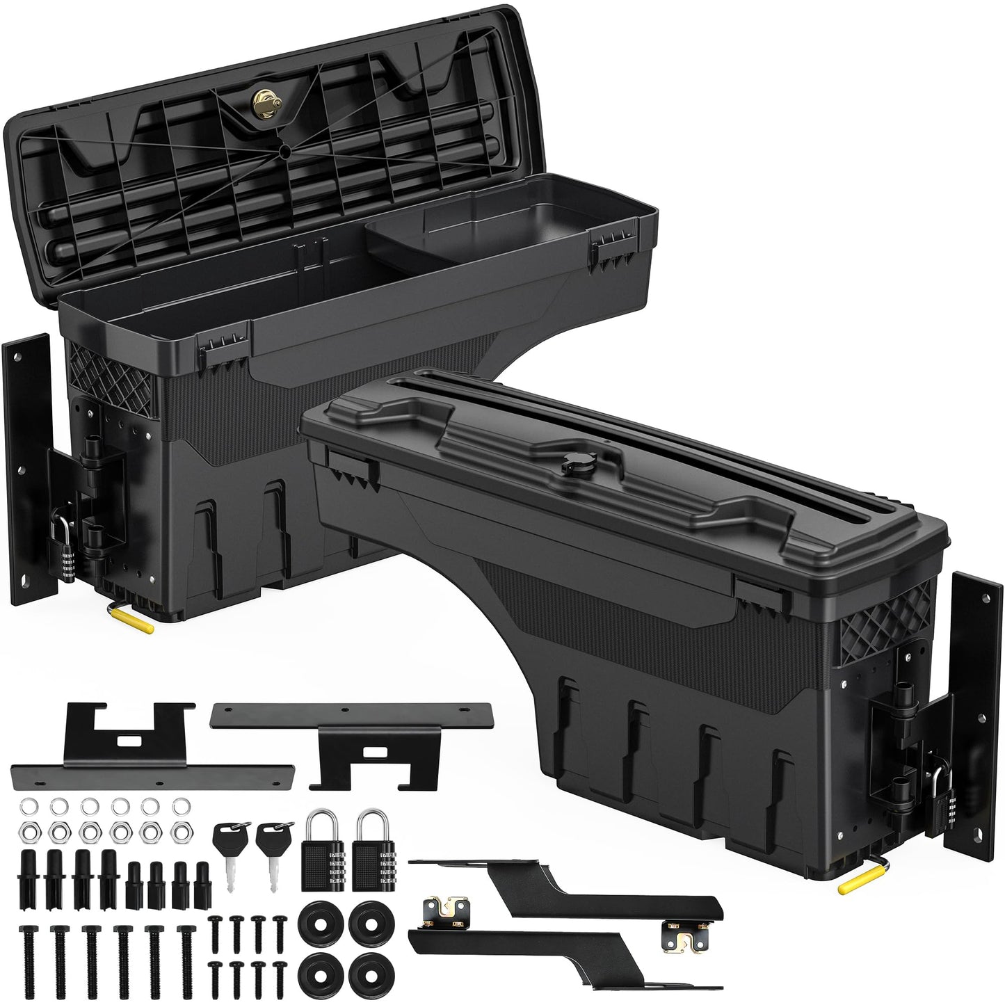 OEDRO Truck Bed Storage Tool Box Fits 2015-2026 Ford F150 Driver Side + Passenger Side, 180 Degree Rotation Rear Tool Boxs with Lockable Lid & Password Padlock, Black Waterproof Wheel Well Storage