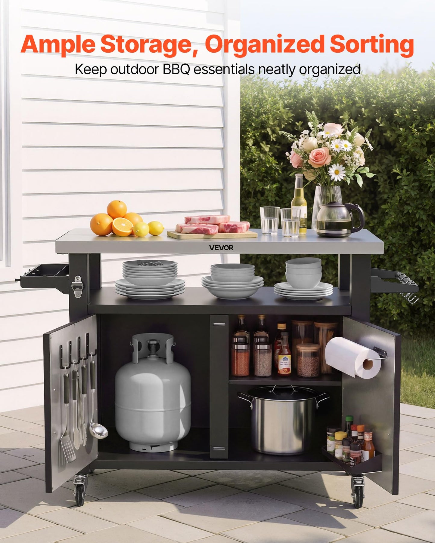 VEVOR Outdoor Grill Cart with Storage Cabinet, 53.1 Inch Grill Table, Waterproof Kitchen Island with Stainless Steel Top, Shelf, and Wheels, Movable Food Prep Station for Patio Bar Backyard BBQ