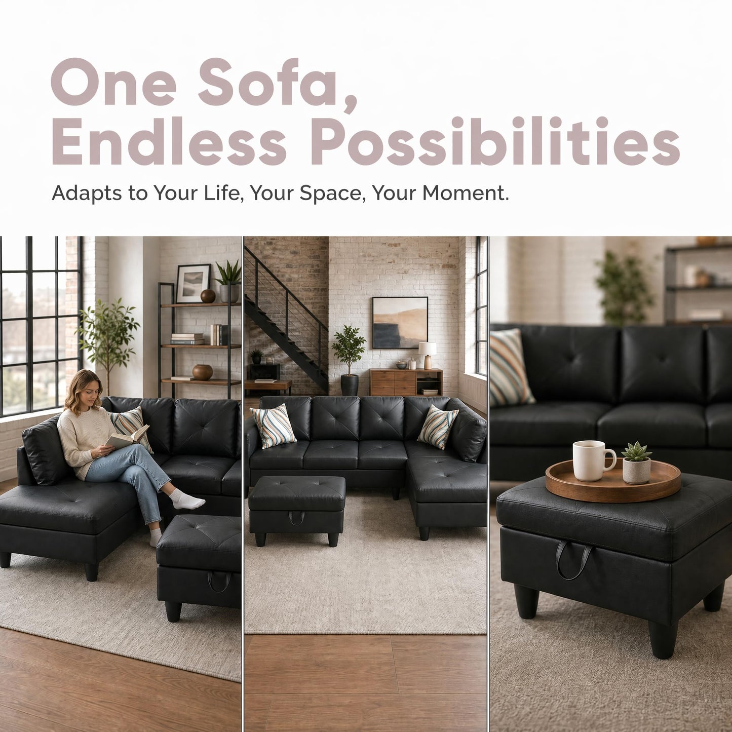 Trygoal 97" Leather L Shaped Couch with Left Chaise & Cup Holder, Sectional Sofas Modular Furniture Set with Storage Ottoman, Convertible Couches for Living Room, Small Space & Office (Black)
