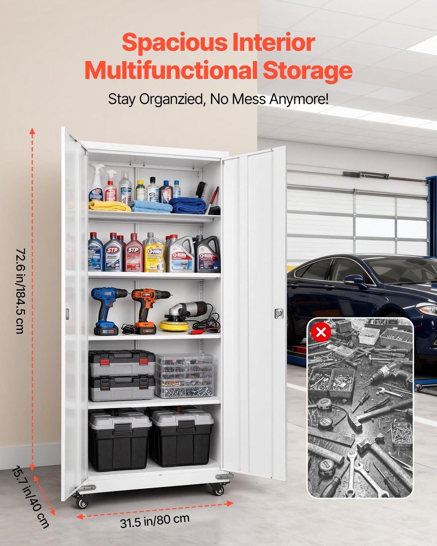 VEVOR Metal Storage Cabinet, 72.6 in Rolling Steel Garage Cabinet with 4 Adjustable Shelves, 2 Magnetic Doors & 2 Keys, 5 Tiers Lockable Tool Storage for Pantry, Warehouse, Basement, Office, White