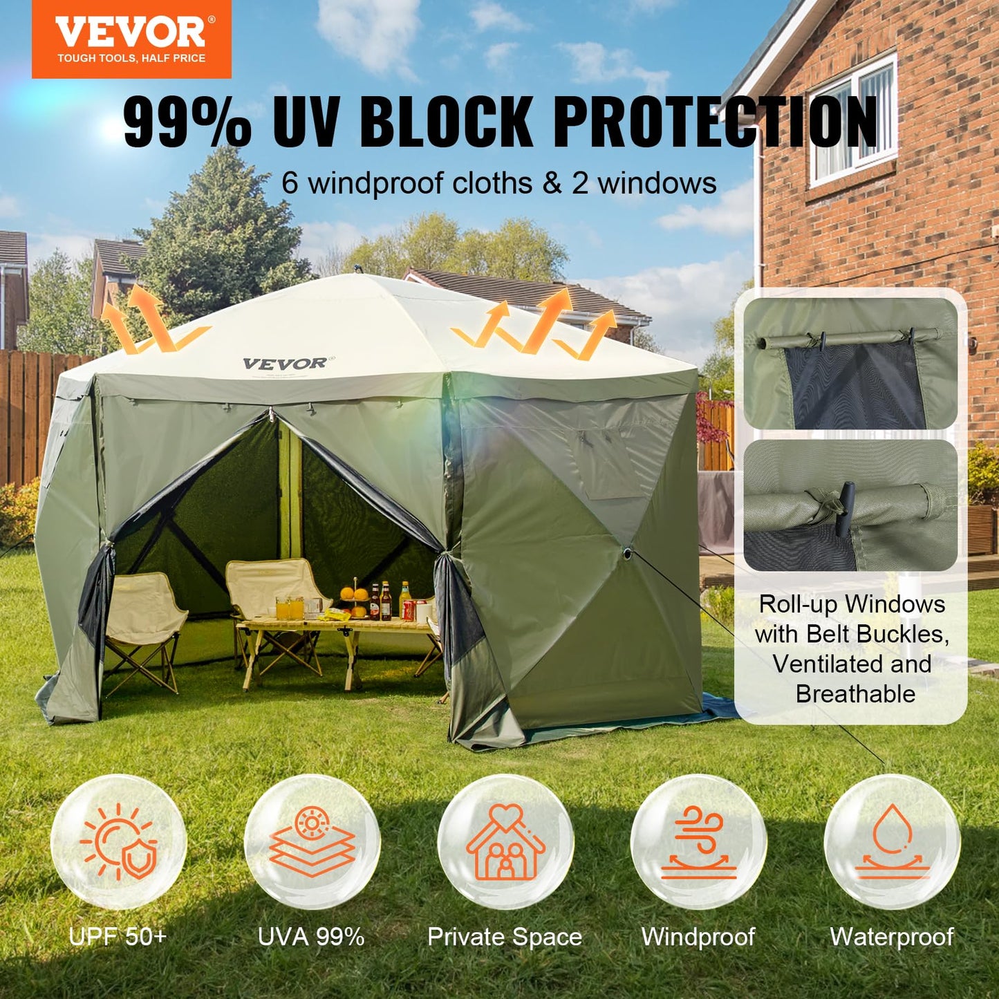 VEVOR 12x12ft Pop Up Gazebo Tent with Mosquito Netting, 6 Removable Wind Panels & 2 Mesh Windows, Outdoor Canopy Shelter for Patio, Army Green