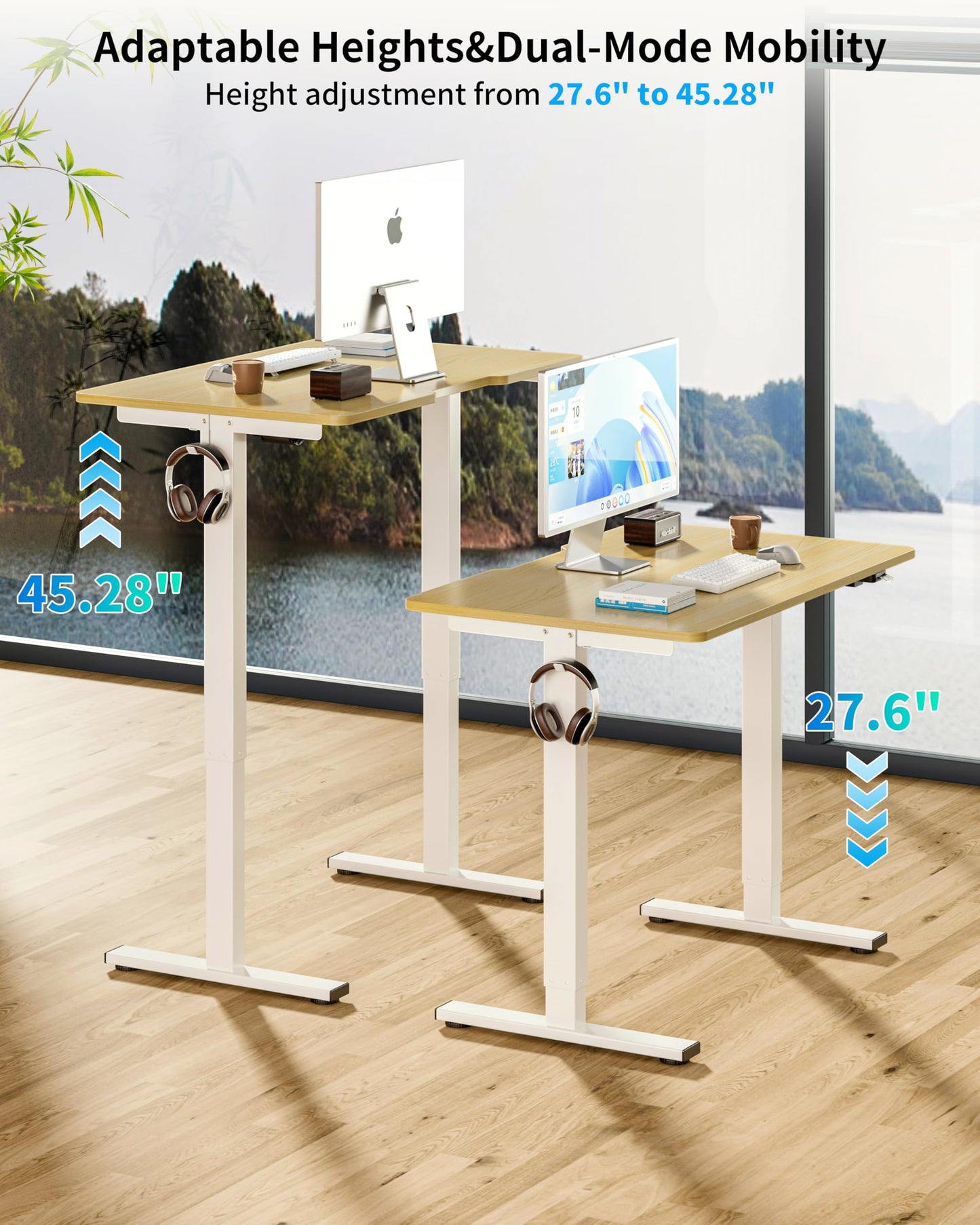 BIZUM 35.4" Small Electric Standing Desk Height Adjustable, Whole Piece Stand Up Computer Desk Work Study Writing Gaming Desks for Home Office Oak