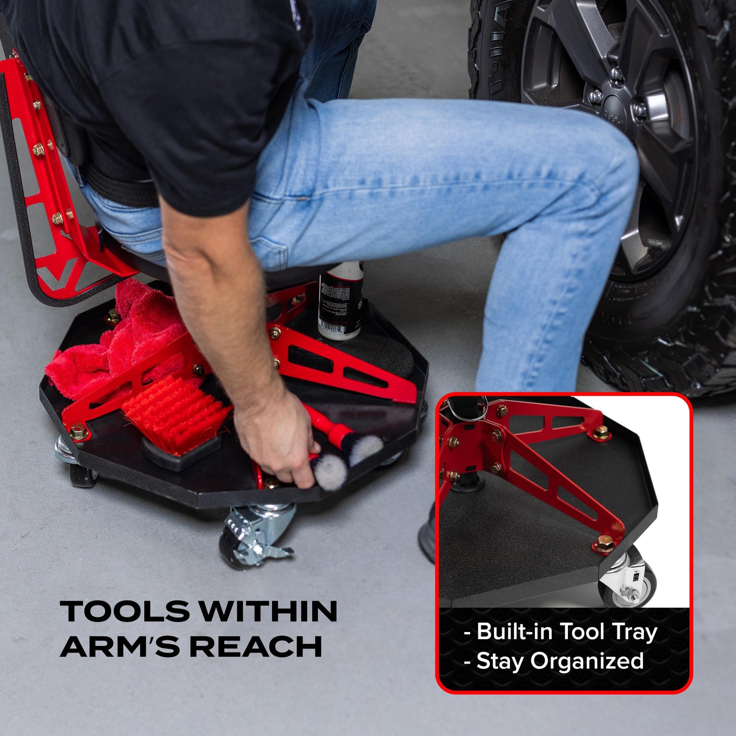 Vyper Robust Steel Sport Shop Chair for Mechanics, Automotive, DIY - Made in USA - 300 lb Capacity Garage Stool with Backrest & Large Wheels (Black Seat, Red Frame)