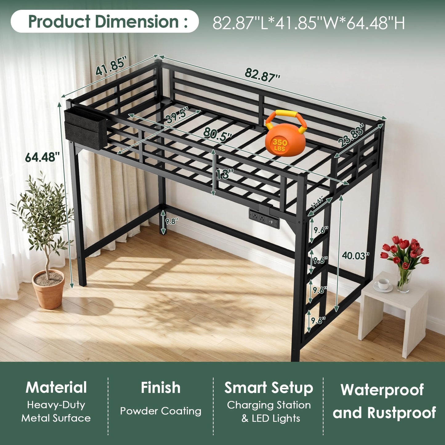Twin XL Loft Bed with Charging Station & LED Lights, Heavy Duty Metal Bed Frame with Storage Pocket, Ladder and Guardrail Reinforced Twin XL Loft Bed Space-Saving for Adults, Guest Room, Dorm, Black
