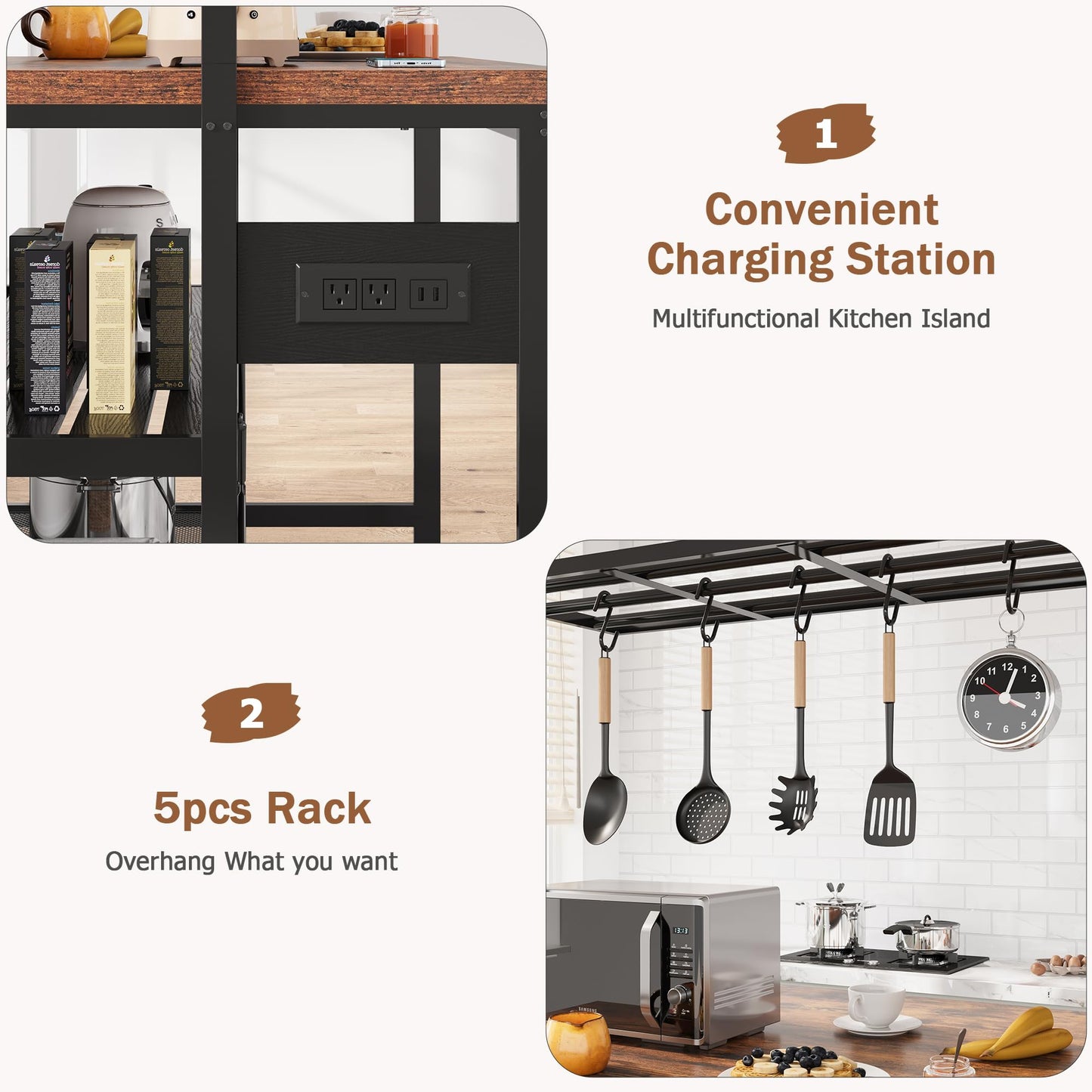 Garvee 47 in Kitchen Island with Power Outlets - Mobile Bakers Rack with 3 Shelves, Microwave Stand & 5 Hooks, 400 LB Capacity (Brown)