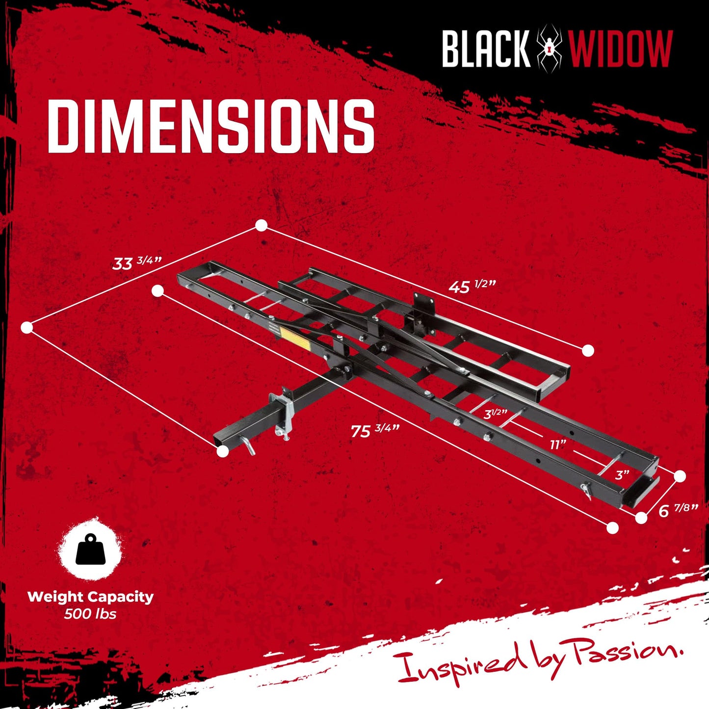 Black Widow Steel Motorcycle Carrier with Ramp for 2-Inch Receiver, 500 lb Capacity - Hitch-Mounted Dirt Bike and Scooter Hauler with Grit-Coated Track and Anti-Rattle Device for SUVs and Trucks