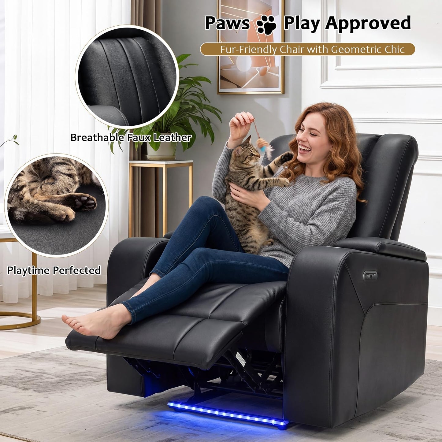 ANJ Home Theater Seating Power Recliner Chair with Hidden Arm Storage, Faux Leather Recliners with LED Light, Electric Movie Reclining Sofa with USB Ports & Cup Holders for Media Living Room, Black