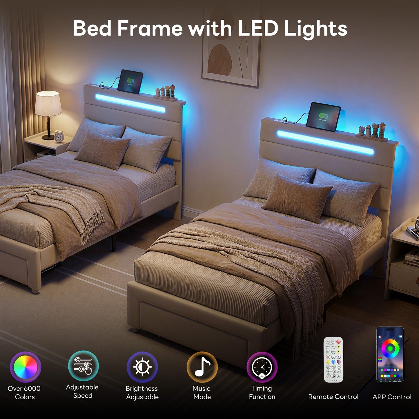 LIKIMIO Twin XL Bed Frames with Storage Drawer, LED Lights & Charging Station, Upholstered Modern Platform XL Twin Bed Frame with Headboard, No Box Spring Needed, Easy Assembly, Noise-Free, White