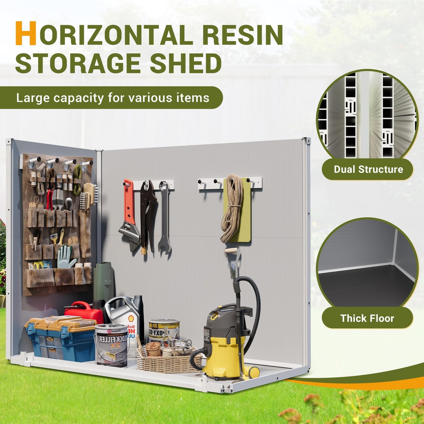 Storage Shed Outdoor Weatherproof Resin Storage Shed with Floor 41 Cu.Ft with Gas Spring, Lockable Doors for Trash Can Storage, Garden Tools, Suitable for patios, Poolside（Light Grey）