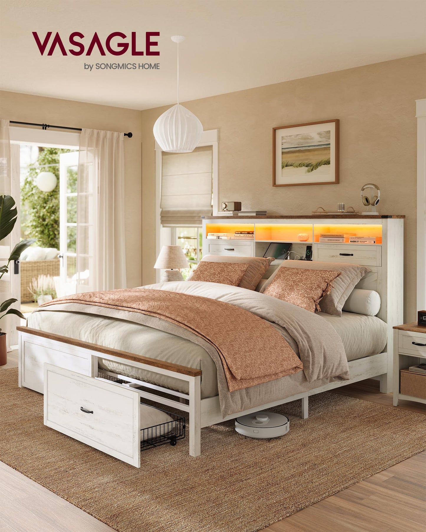 VASAGLE King Bed Frame with 51.3-Inch Tall Storage Headboard, Farmhouse King Size Bed with 4 Drawers, LED Lights, Charging Station, Noise-Free, No Box Spring Needed, Rustic White URMB424W01SV1