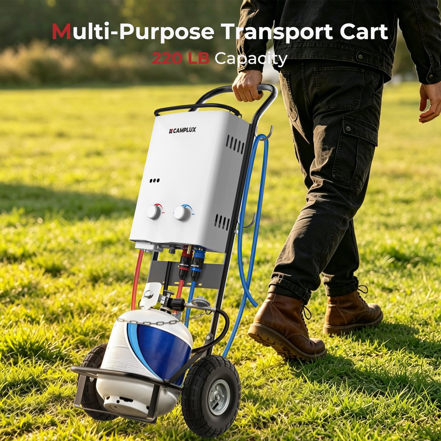 CAMPLUX Dolly Hand Cart for Portable Tankless Water Heaters, 220 lb. Capacity, 10" Pneumatic Wheels, 4 Side Hooks, Mobile Hot Water Washing Station for Horse Stables, Pet Grooming, Hunting & Camping