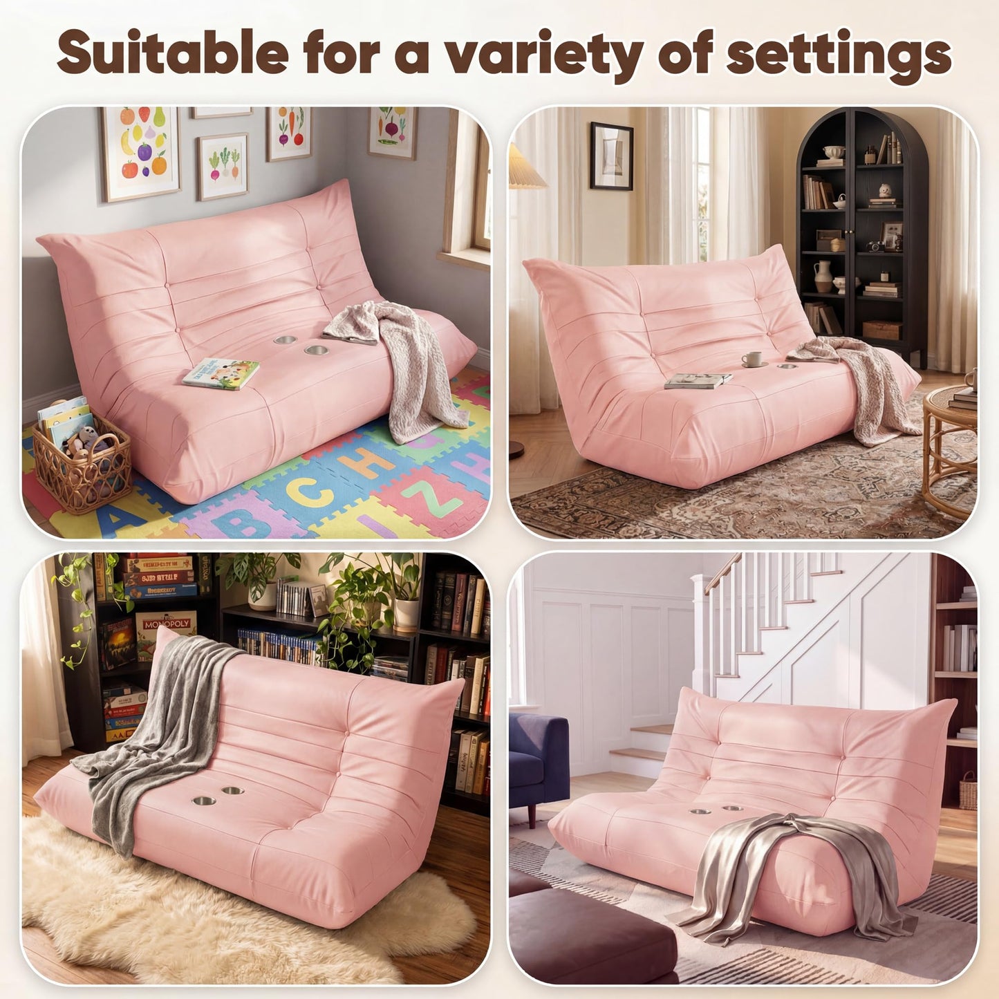 YESHOMY Boneless Loveseat Couch, Oversized Ergonomic Floor Sofa Couch, Durable PU Leather Sofa with Cup Holders, No Assembly Fireside Couches for Living Room, Bedroom (Pink)