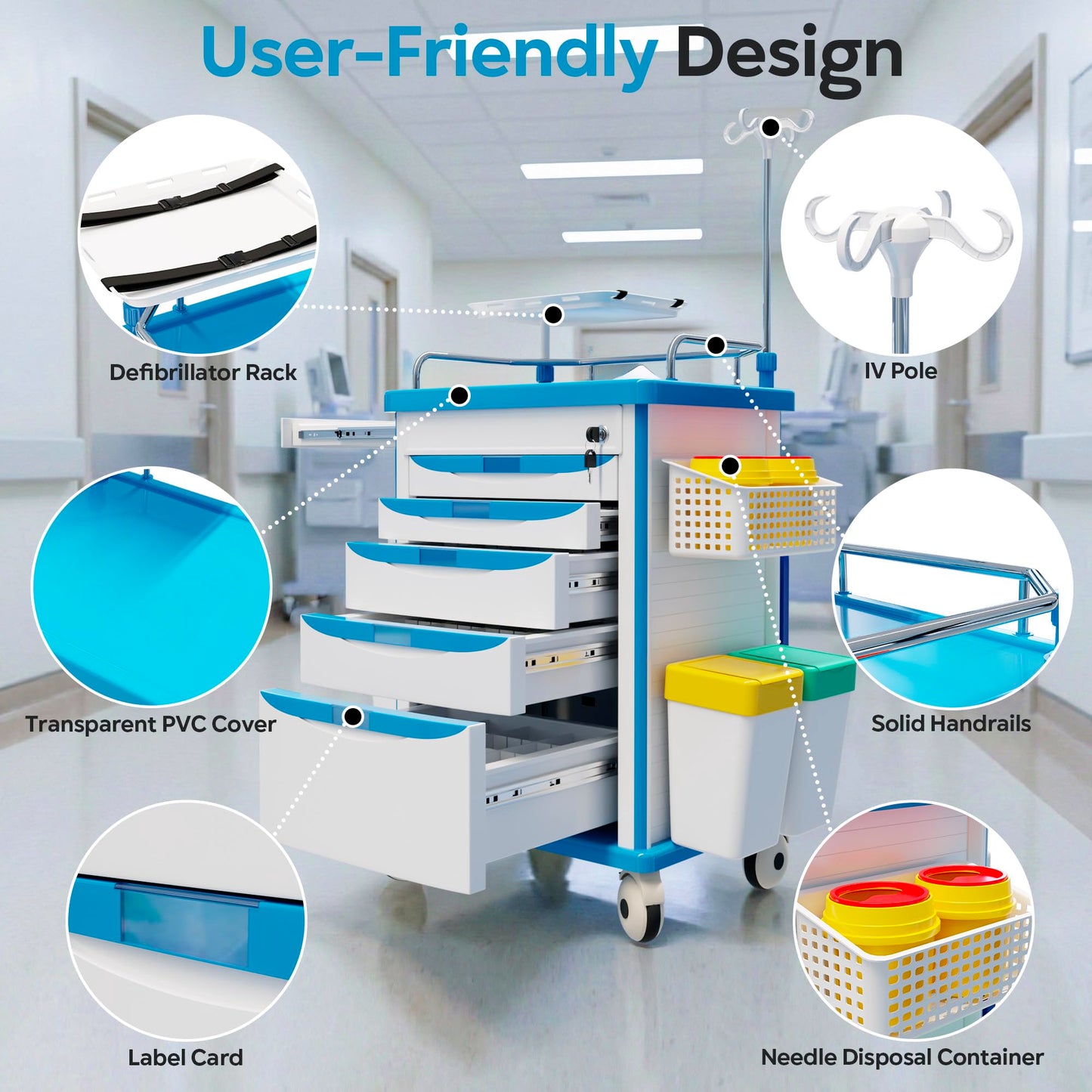 Fuzren Medical Rolling Storage Crash Cart with Wheels, 5-Tier Medical Cart with Drawers, Adjustable IV Pole, Trash Bin & O2 Holder, Needle Disposal Holder, Silent Casters, Ideal for Hospitals (Blue)