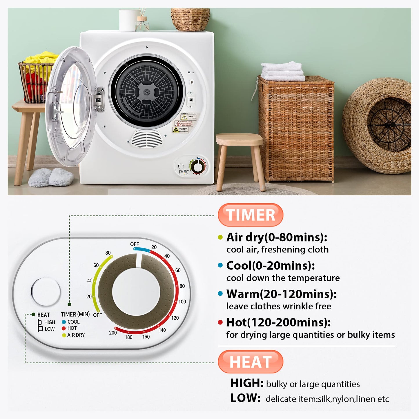 Euhomy Portable Dryer 1.5 cu. ft., 850W Powerful Clothes Dryer with Stainless Steel Drum and Exhaust Hose, Dryer Ideal for Apartments, RVs, Dorm Rooms，White