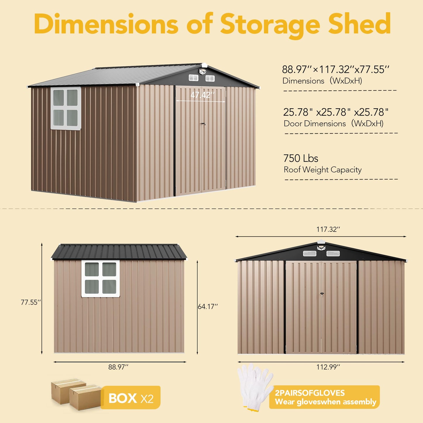 OneBlis 10x8FT Outdoor Storage Shed, Tool Shed with Sloping Roof and Lockable Door, Galvanized Metal Shed for Backyard Garden Patio Lawn, Brown