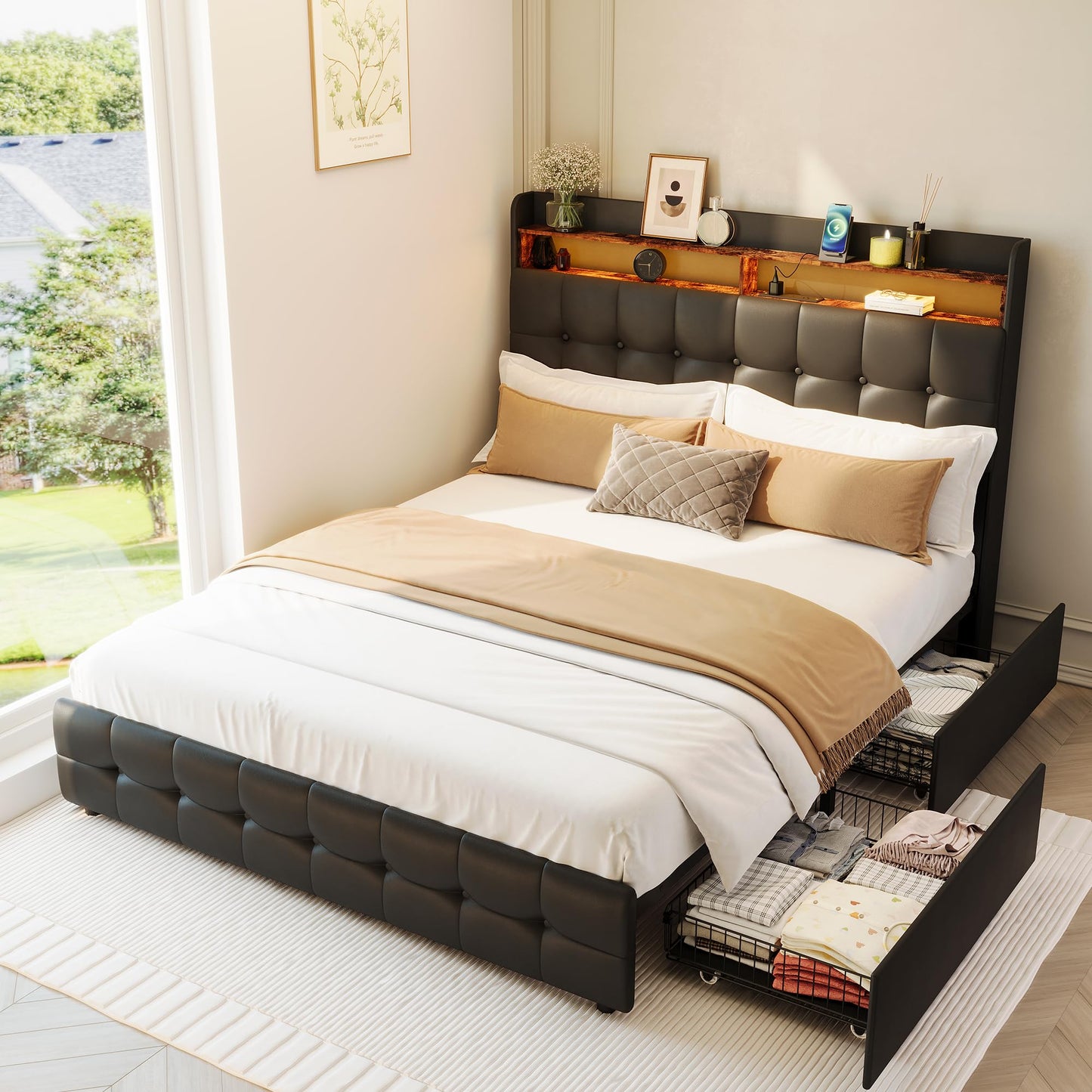 Full Size Upholstered Bed Frame with LED Headboard, 2 Storage Drawers, Charging Socket and USB Port, Soft Fuzzy Soft, Noise-Free Metal Platform for Bedroom, No Box Spring Needed, Natural Wood Shelf