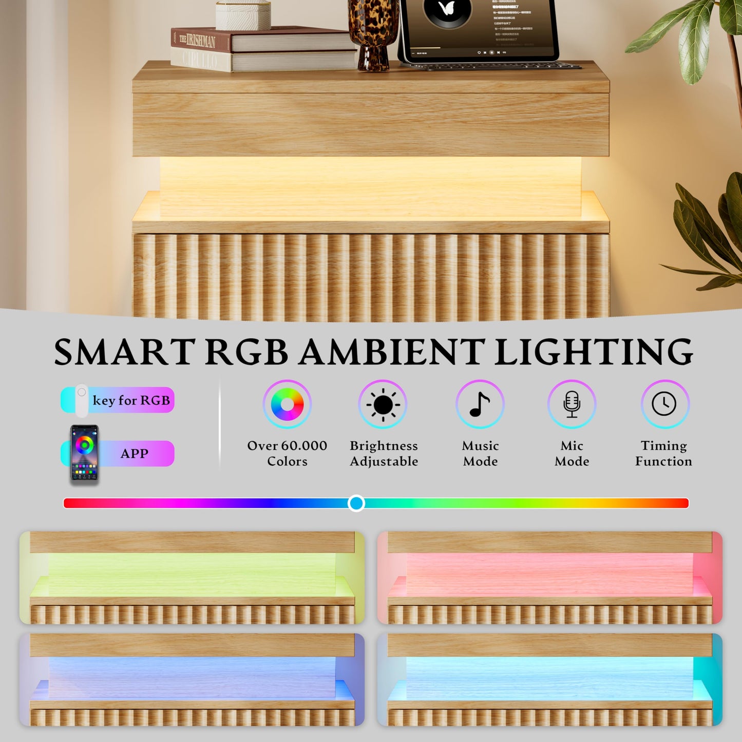 Xixini Fluted Nightstand Set of 2 with Charging Station and LED Lights, Modern Bedside Table with Sliding Top, 3-Drawer Wooden End Table for Bedroom and Living Room, Oak