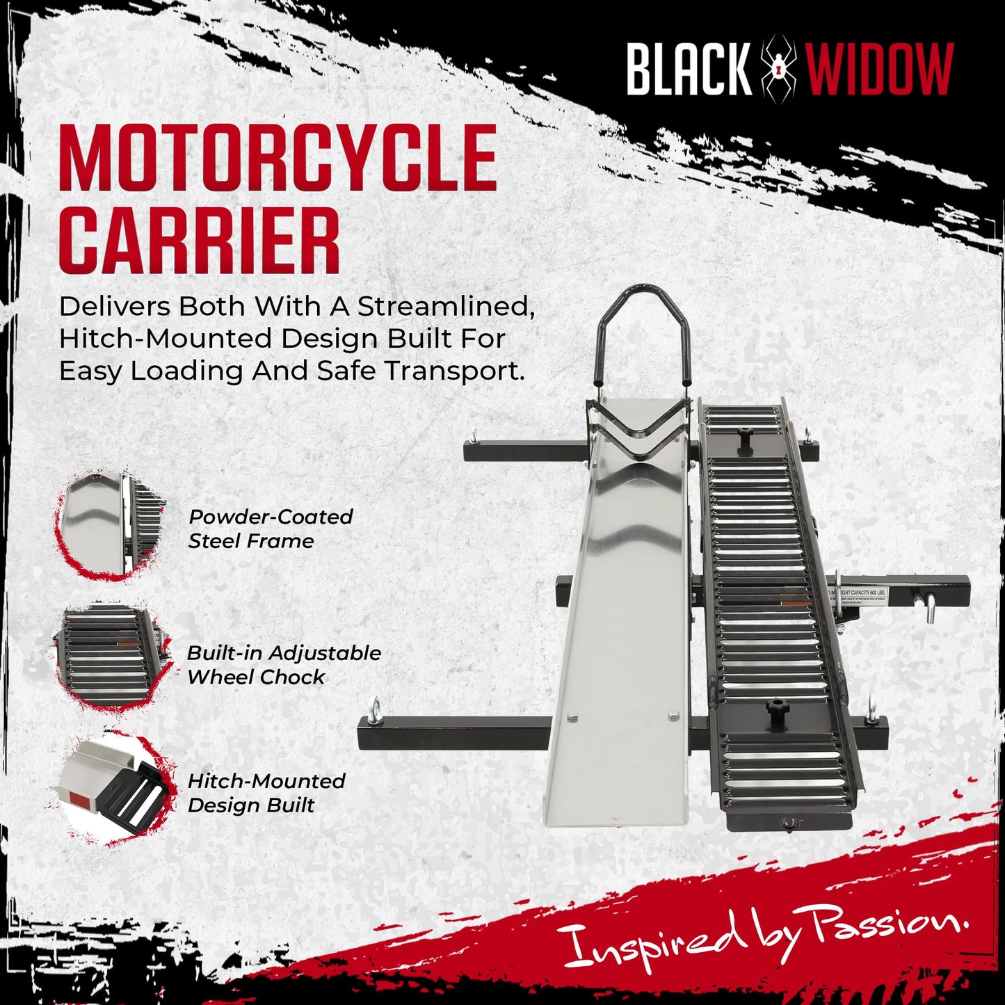 Black Widow Hitch Mounted Motorcycle Carrier with Ramp, Heavy Duty Steel Frame & Aluminum Track, 600 Pound Capacity, 72 Inch Ramp, Black