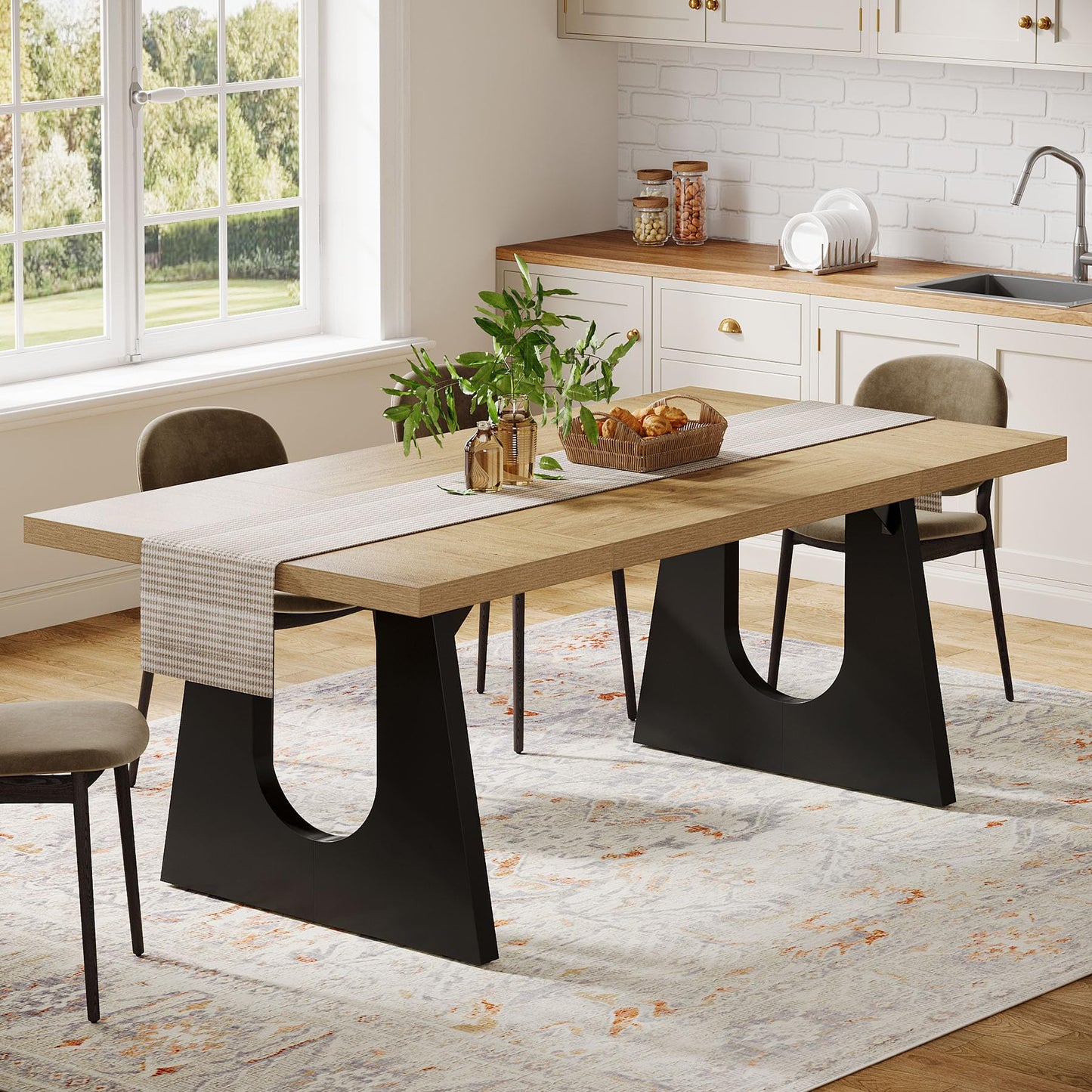 Tribesigns Large Dining Table for 6-8 People, 70.9-Inch Wood Rustic Rectangular Table with Black Wooden Legs, Farmhouse Center Kitchen Table for Dining Room, Living Room, Home Furniture, Oak and Black