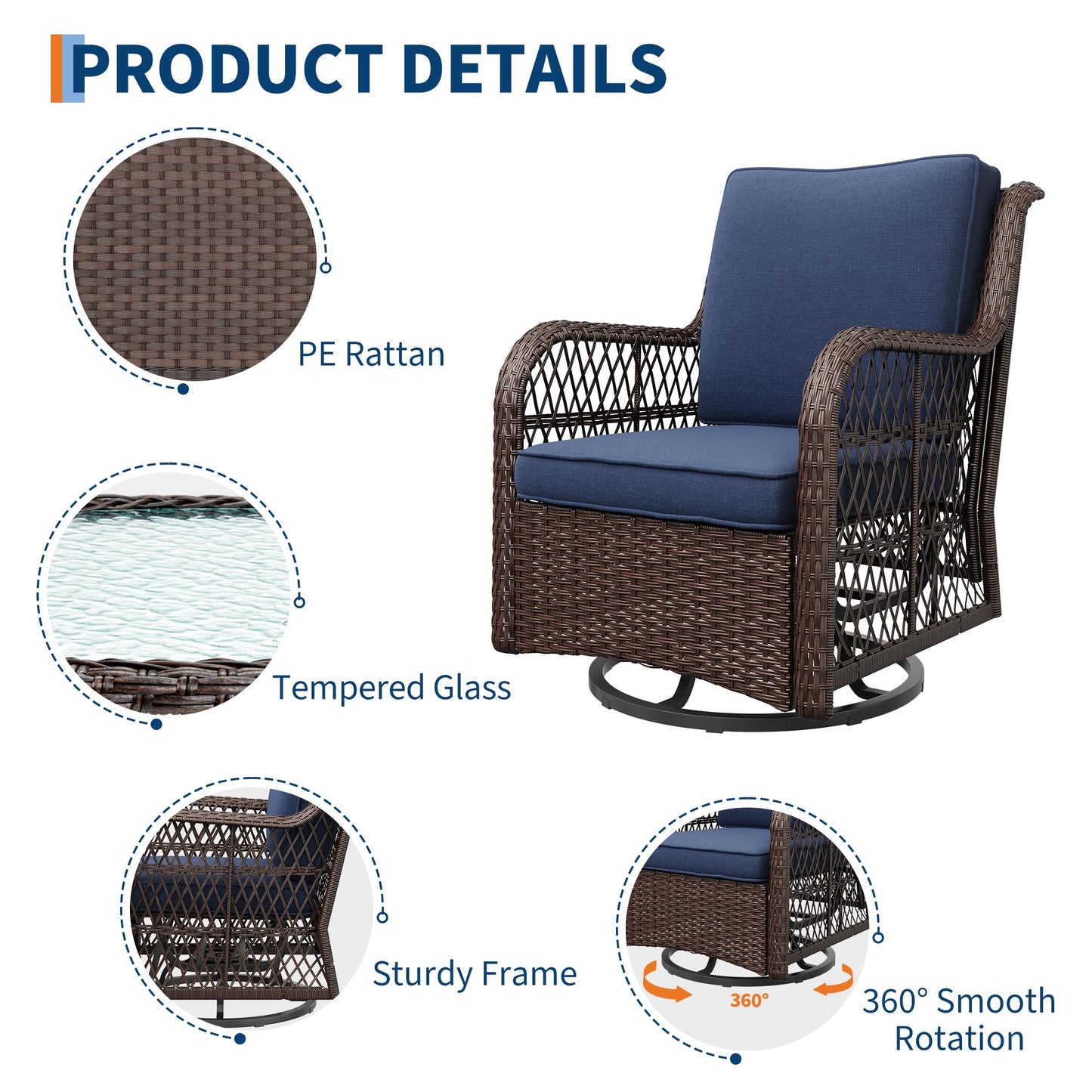 Garvee 3 Piece Outdoor Patio Furniture Set, Swivel Rocker Chairs Wicker Bistro Set with 360° Glider, 4”Thick Cushions & 2-Tier Table, Outdoor Conversation Set for Porch Balcony Backyard Deck Blue