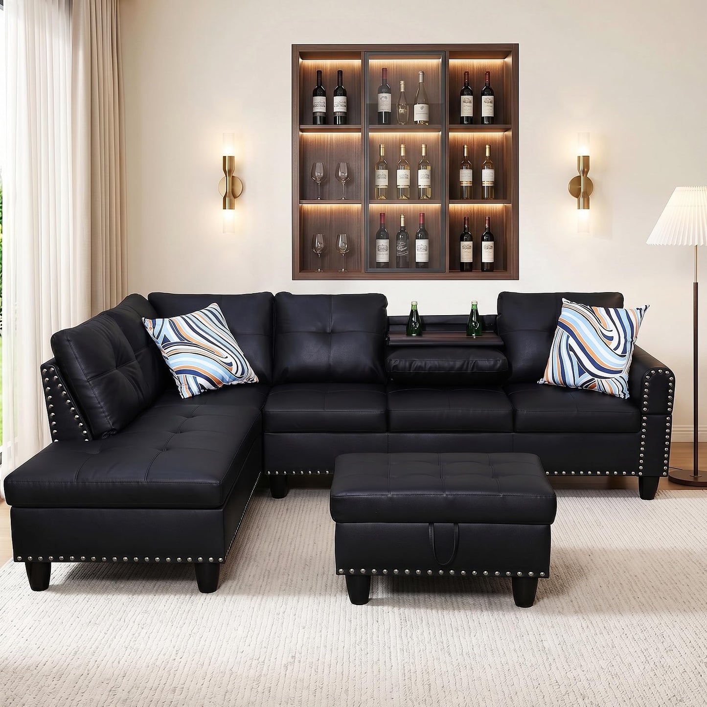 Topcomfy Leather L Shaped Sectional Couches for Living Room - 97.5“ x 69.5" Modular Sectional Sofa with Storage Ottoman, 4 Seat Home Sofa Living Room Furniture Sets with Chaise for Apartment, Black