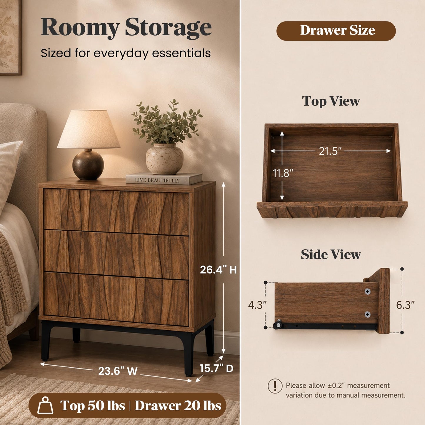 Mid-Century Modern Walnut Nightstands Set of 2, Wide Bedside Tables with 3 Drawers Each, Sculpted 3D Wave Front, Push-to-Open Handle-Free Drawers & Black Metal Legs