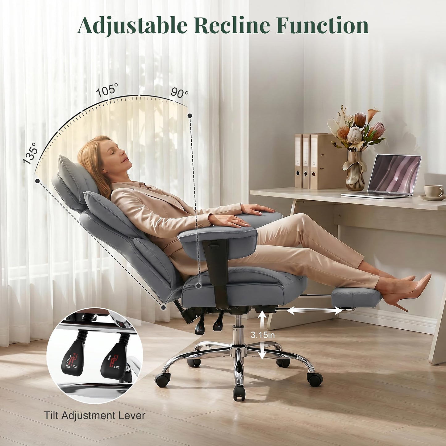 HAPPYMONT Big and Tall Ergonomic Office Chair,350 lbs,High Back Reclining PU Leather Gaming Chair with Footrest, Adjustable Armrests, Lumbar Support, Executive Desk Chair for Home Office, Grey