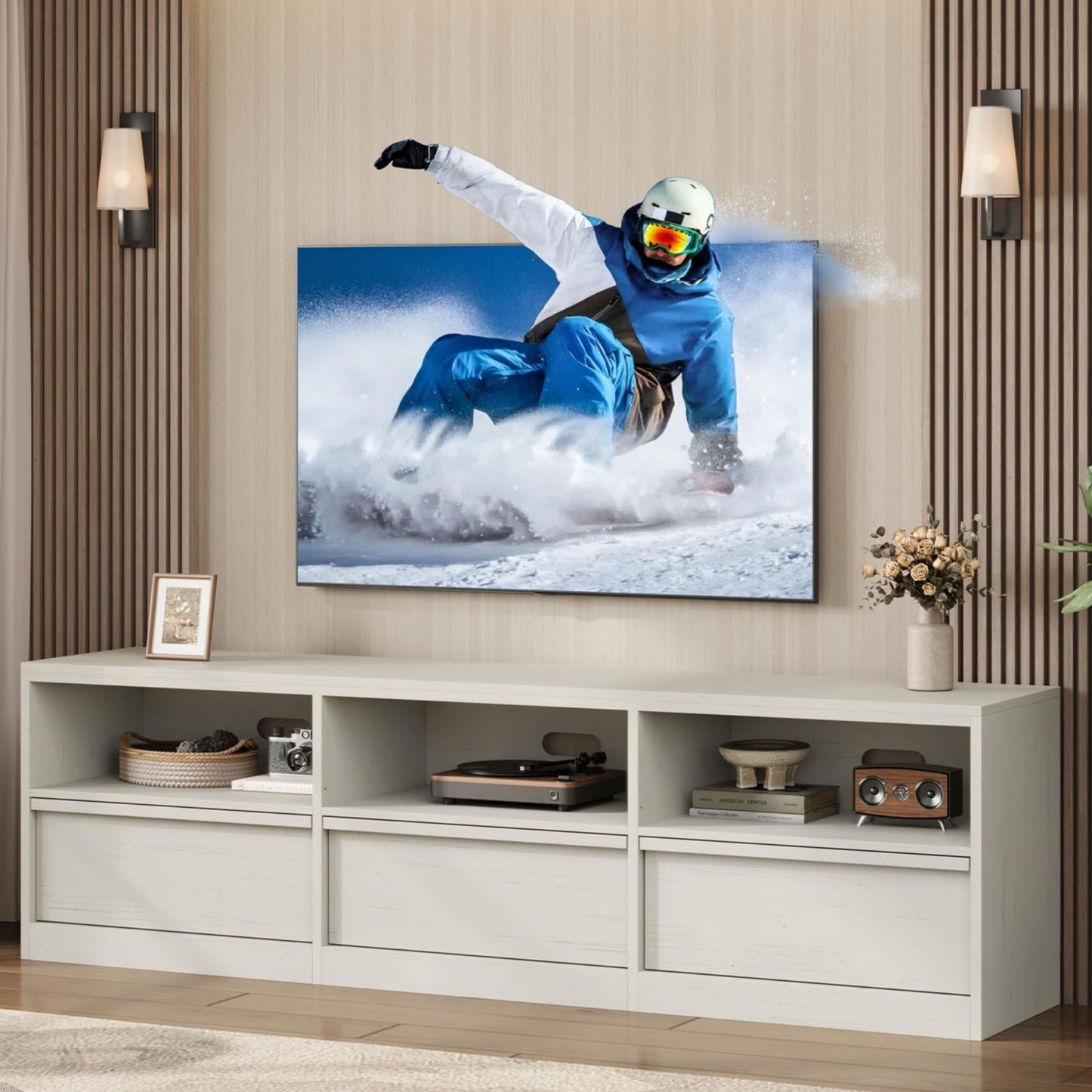 Modern TV Stand with Storage for TVs Up to 85", 70 inch Media Console with Drawer & Open Shelves, Mid Century Entertainment Center for Living Room, White