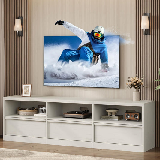 IDEALHOUSE 70" TV Stand for 75 80 Inch TV, Mid-Century Modern Entertainment Center with Storage Drawer & Open Shelves, Wood Media Console Table for Living Room & Bedroom, White