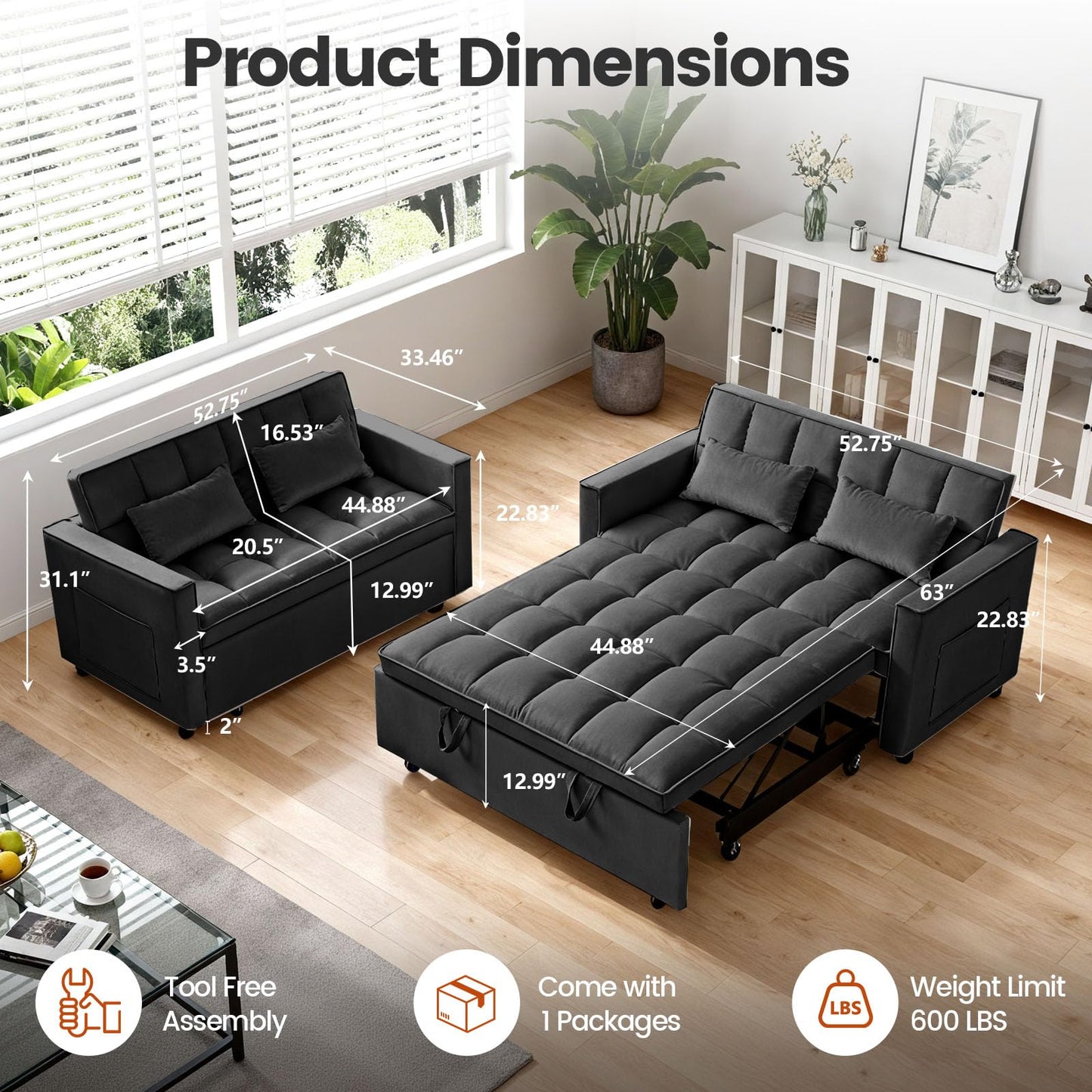 Trygoal Pull Out Couch, Loveseat Sleeper Sofa Bed with Side Pockets, 3 in 1 Velvet Fabric Convertible Sofa Bed with Adjustable Backrest for Living Room, Bedroom, Apartment, Black