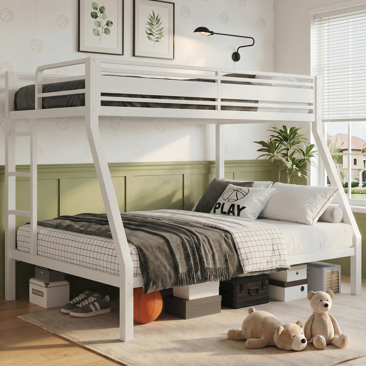 iPormis Heavy Duty Twin Over Full Bunk Beds, Metal Twin Bunk Bed Frame with 12.8" Guardrails, Loft Bed Frame for Kids and Teens, Reversible Ladder, Under Bed Storage Space, No Box Spring Needed, White